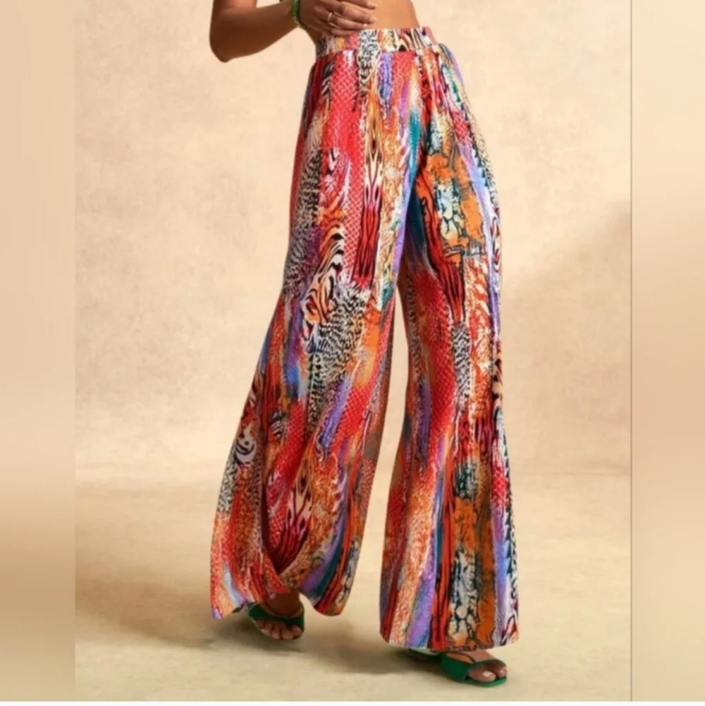 Womens Vibrant Multicolor Wide-Leg Pants Sz Large - Picture 6 of 6